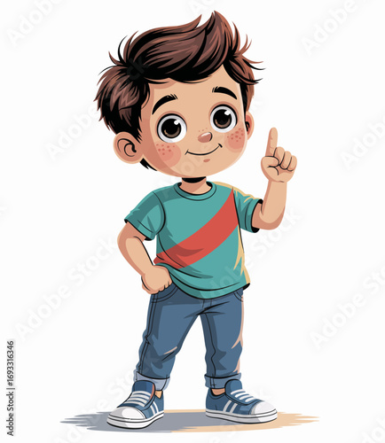 A thoughtful boy stands with a finger raised, embodying creativity and curiosity, showcasing an artistic and engaging pose that sparks imagination and insight.