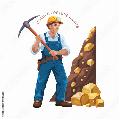 A confident miner stands proudly with a pickaxe, showcasing a rich deposit of shiny gold nuggets in a rocky wall, symbolizing hard work and ambition in mining.