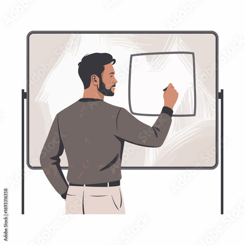 A man is captured in a thoughtful posture as he works on a presentation, reflecting the creative process involved in developing impactful ideas for sharing with an audience.