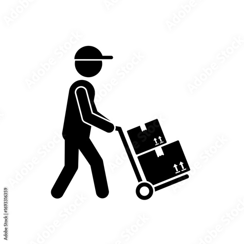 Delivery Worker Icon – Courier with Hand Truck and Boxes Silhouette Vector