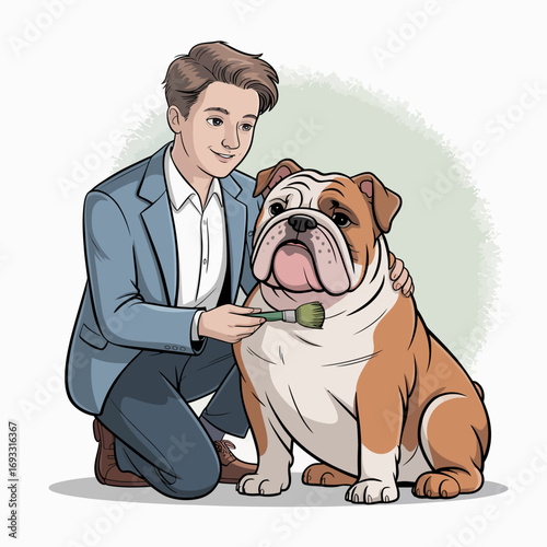 A man kneels beside an adorable bulldog, grooming it with a brush, showcasing a heartwarming moment of care, love, and connection between pets and their owners.