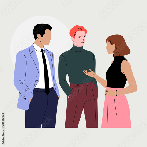 Three individuals involved in an animated discussion, showcasing the dynamics of friendship and engagement in social interactions among diverse personalities.