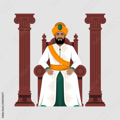 A noble figure in vibrant traditional garb sits on a grand throne, flanked by intricately designed pillars, exuding a sense of strength and cultural richness typical of royalty.