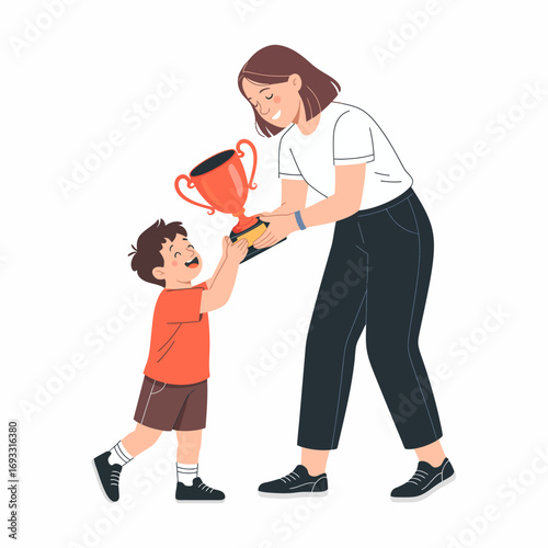 An engaging scene depicting an adult presenting a vibrant trophy to a cheerful boy, capturing the essence of victory, joy, and shared accomplishments in childhood.
