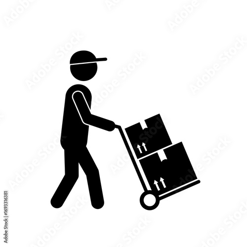 Delivery Worker Icon – Courier with Hand Truck and Boxes Silhouette Vector