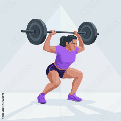 A determined woman is lifting a heavy barbell in a gym setting, emphasizing strength and resolve as she focuses on her workout amidst a bright and supportive environment.