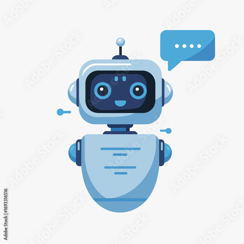 A joyful robot with a smiling face and a thought bubble conveys a sense of cheerful conversation. This lively design captures the essence of innovation and creativity.