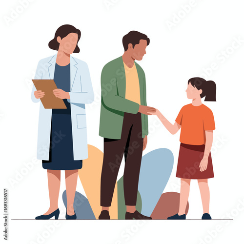 This scene illustrates a child engaging with medical professionals, presenting a nurturing environment with a focus on care, healing, and support reflecting human connection.