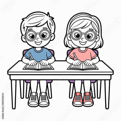 Two children are seated at a table focused on writing in their notebooks with pens. They're engaged in their studies, showcasing curiosity and learning.