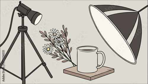 Studio Still Life Coffee Mug Flowers and Lighting Equipment Illustration.