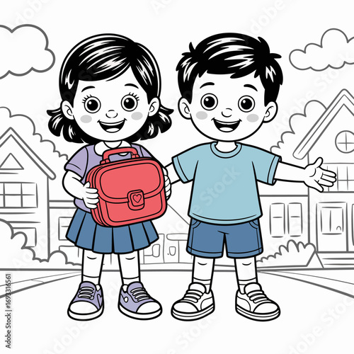 Two joyful children gear up for school outside their home, capturing the spirit of innocence and excitement associated with the first day of school and childhood adventures.