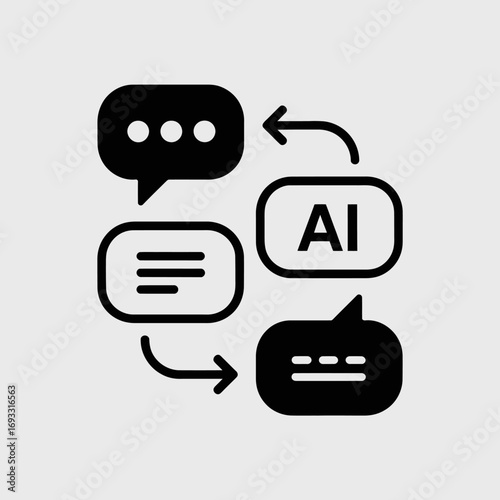 This image showcases black stylized chat bubbles with arrows indicating the flow of dialogue and responsiveness, representing the dynamic interaction of conversation powered by AI.