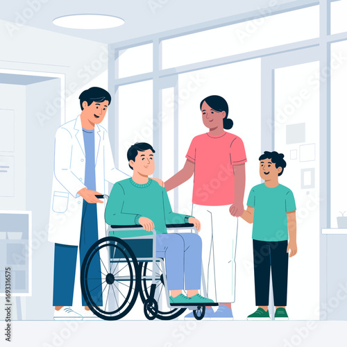A touching family moment in a hospital, showcasing a young boy in a wheelchair, accompanied by caregivers and family, emphasizing support, care, and health in a medical environment.