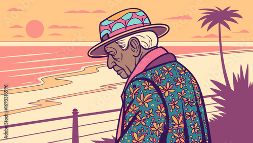 Stylish Senior Adult by the Ocean at Sunset Floral Print Summer Fashion Illustration.