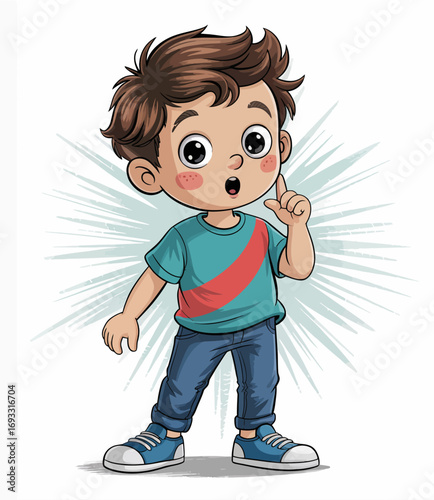 A curious boy with a surprised expression stands with a finger raised, representing a moment of discovery, excitement, and emotional engagement in a vibrant atmosphere.