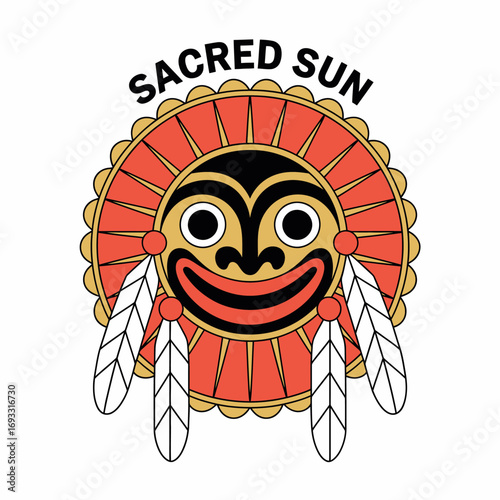 An artistic representation of the Sacred Sun, featuring a mask with vibrant colors, feathers, and a striking design, symbolizing cultural richness and spiritual heritage.