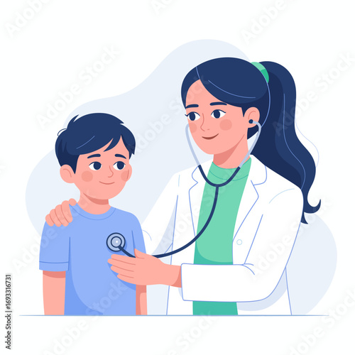 The image depicts a doctor joyfully listening to a child's heartbeat, emphasizing a positive healthcare experience and strong doctor-child relationship in a modern context.