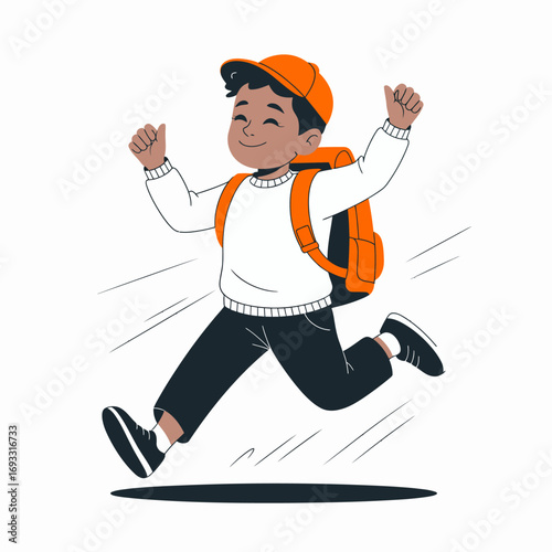 A joyful child runs happily with a backpack, embodying the spirit of adventure and excitement for learning, capturing the essence of childhood enthusiasm and freedom.