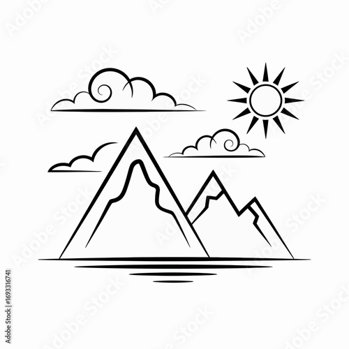This minimalist image features stylized mountains, a bright sun, and fluffy clouds, creating a serene and uplifting landscape that evokes feelings of nature and adventure.