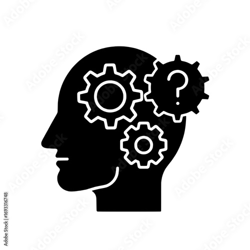 Dynamic thinking process icon with gears inside a human head, representing intelligence, ideation, and the journey of finding solutions