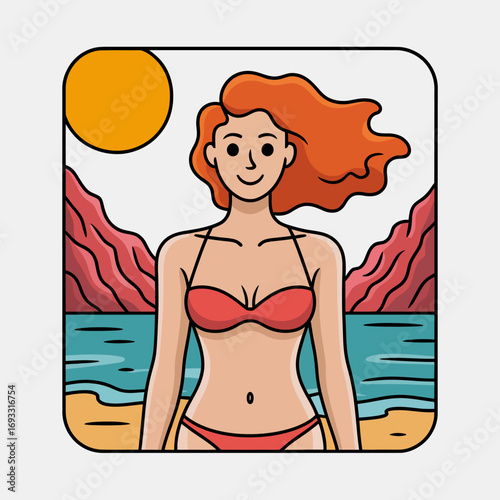 A playful woman in a red bikini joyfully stands by the water's edge, celebrating the vibrant colors of the beach environment and the carefree spirit of summer.