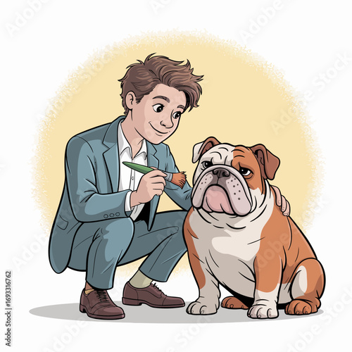 A young man lovingly brushes a bulldog, capturing a tender moment that reflects the deep bond and affection between pets and their owners in a warm, engaging atmosphere.