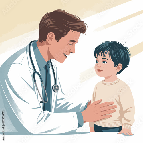 A kind-hearted doctor kneels to connect with a young child, showcasing compassion and professionalism in a heartwarming medical interaction between them.