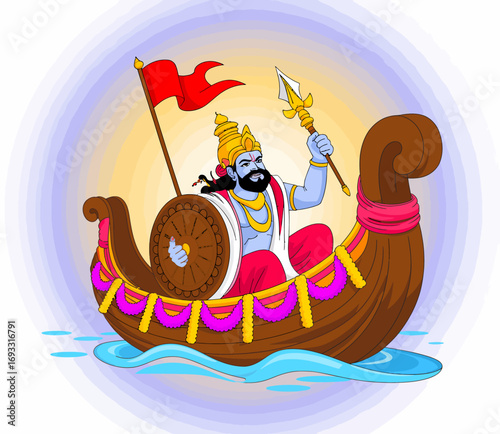 This rich illustration features a deity holding a spear and shield on a beautifully adorned boat, symbolizing power and divine guardianship over waters.