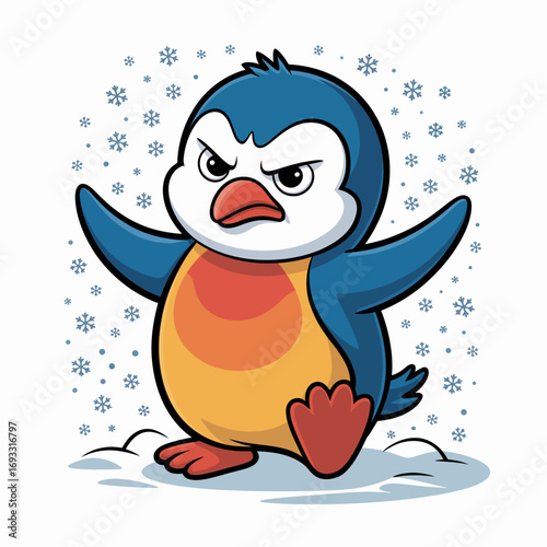 A cartoon penguin poses in a winter wonderland, surrounded by falling snowflakes and a soft snowy background, combining humor with winter joy and playful emotion.