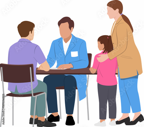 In a doctor’s office, a family discusses their child’s health with a pediatrician, illustrating the importance of care, communication, and supportive environments for wellness.