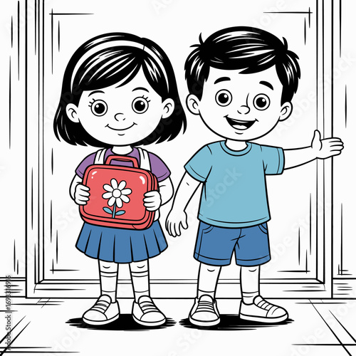 Two cheerful children displaying their school supplies inside their home, representing the joy of education and the innocence of childhood as they embark on learning adventures.