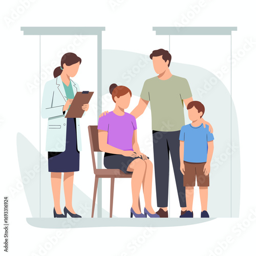 A doctor provides guidance to a family during a medical consultation, emphasizing health concerns and the bond between parents and children in healthcare settings.