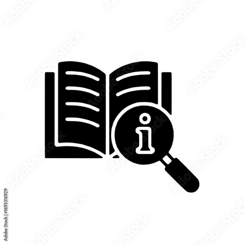 Detailed information search and knowledge guide black glyph icon for manual instructions