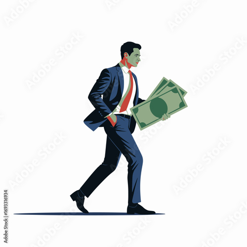 A businessman confidently walks while displaying bundles of cash, reflecting his financial achievements, ambition, and the determination to succeed in a competitive business environment.