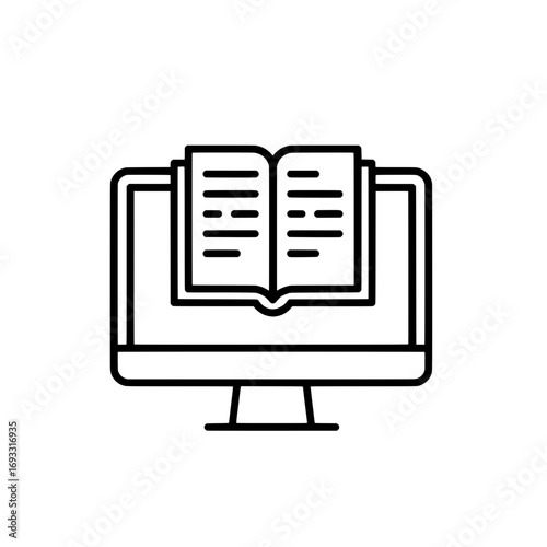 Open book icon on computer screen, digital learning and online education concept