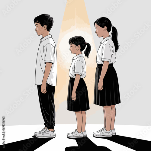 This illustration showcases three children in different stances, representing growth, contemplation, and individuality while fostering a sense of community and respect for each other.