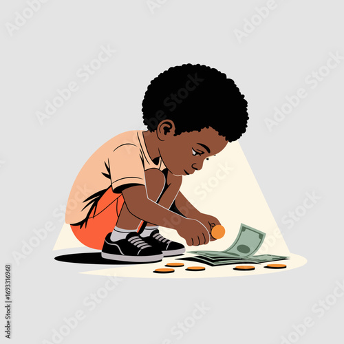 A young boy with curly hair is crouched down, intently counting coins and dollar bills scattered around him, symbolizing childhood curiosity and learning about money.
