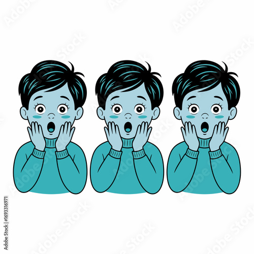 An artistic representation of three children displaying surprise, captured in a stylish blue monochrome palette, conveying emotions of shock and innocence.
