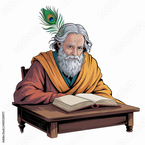 A skilled illustration of an elder man with a peacock feather, deeply focused on a book, symbolizing profound knowledge and the importance of reflection in life.