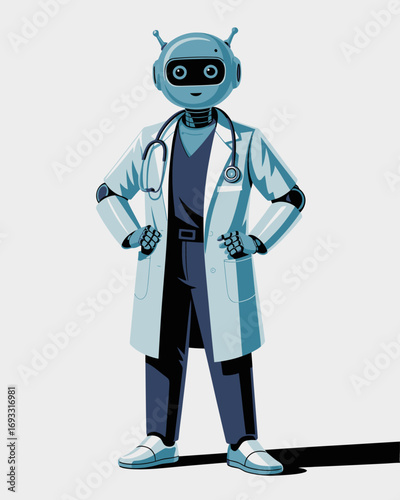 This stylish robot physician confidently displays professionalism while wearing a lab coat and a stethoscope, representing a future of healthcare innovation.