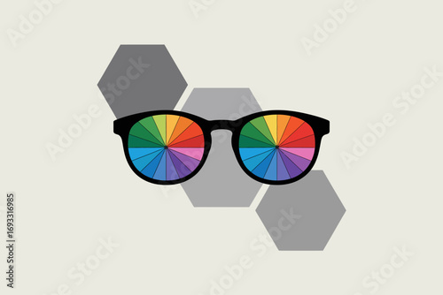 Stylized sunglasses featuring a colorful lens pattern, set against an abstract background, creatively combining design with artistic expression and modern aesthetics.