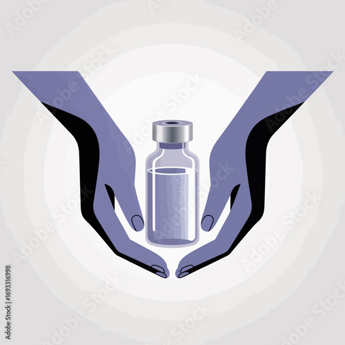 An artistic representation of two hands gently cradling a clear medicine vial, symbolizing care, health, and the importance of vaccination in today's world.