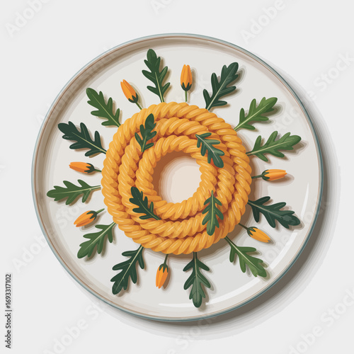 A stylishly arranged plate of pasta with greens and flowers, emphasizing the beauty of food and the art of culinary preparation and presentation.