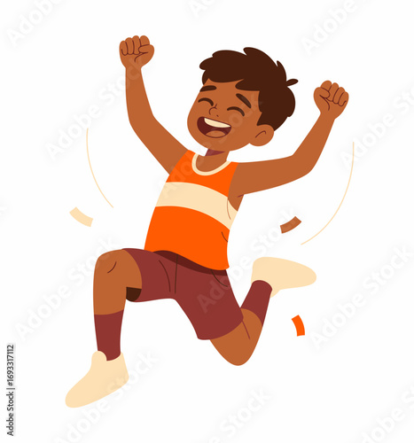 A cheerful young boy jumps with excitement, showcasing his joy and energy in a colorful athletic outfit, embodying the spirit of play and childhood happiness.