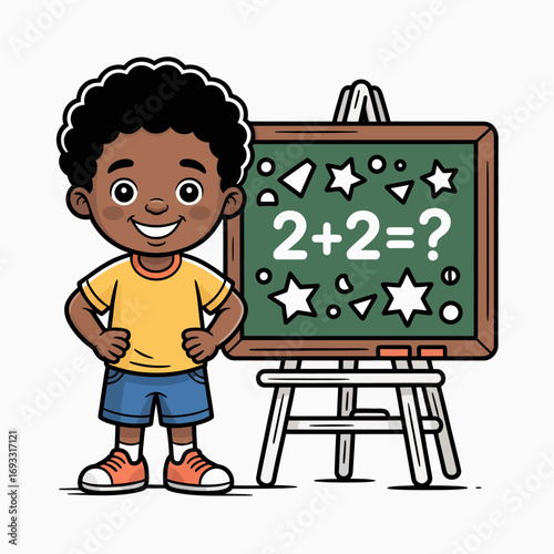 A smiling child stands proudly in front of a chalkboard decorated with stars, representing creativity and the joys of learning in a fun classroom atmosphere.