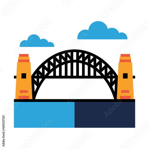 This clean and modern interpretation of the Sydney Harbour Bridge features stylistic design, offering a creative take on the famous landmark set against a colorful backdrop.