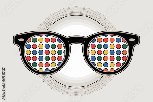 A unique pair of glasses featuring multiple colorful polka dots in the lenses, showcasing an artistic flair and creativity, ideal for modern design enthusiasts.
