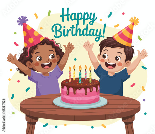A joyful birthday celebration scene featuring two kids wearing party hats and cheering alongside a delicious cake, embodying the spirit of joy and festivity.