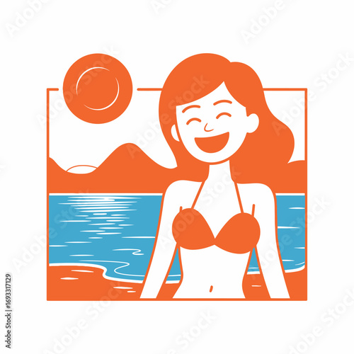 A delightful woman wearing a red bikini smiles happily at the beach, embodying carefree summer vibes amidst the serene background of sun and sea.