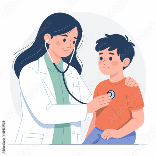 A young boy smiles as a caring doctor uses a stethoscope to check his health, representing the positive experiences children can have in pediatric healthcare environments.
